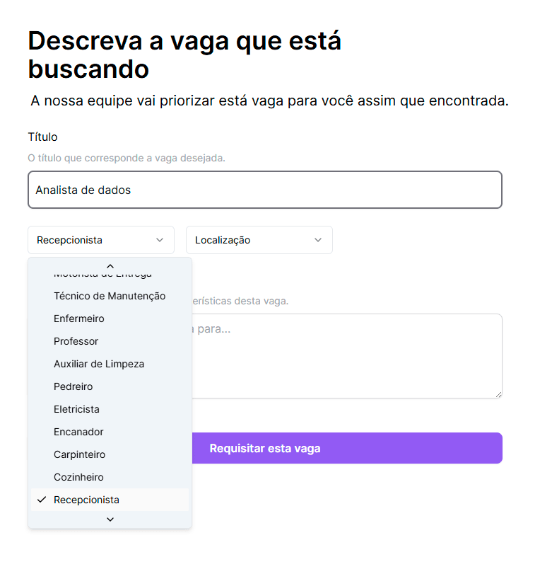 Requisitando uma vaga de emprego na cordial
